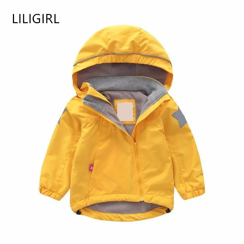 LILIGIRL/Детская куртка с косой молнией; куртки для девочек с флисовой подкладкой; пальто с капюшоном для мальчиков со звездами; осенний плащ; детская ветровка