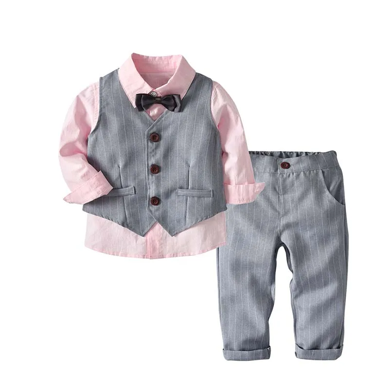 Kinderen Jongens Kleding/комплекты года, однотонные рубашки+ штаны+ жилет, комплект для мальчиков из 3 предметов, костюм для мальчиков - Цвет: Розовый