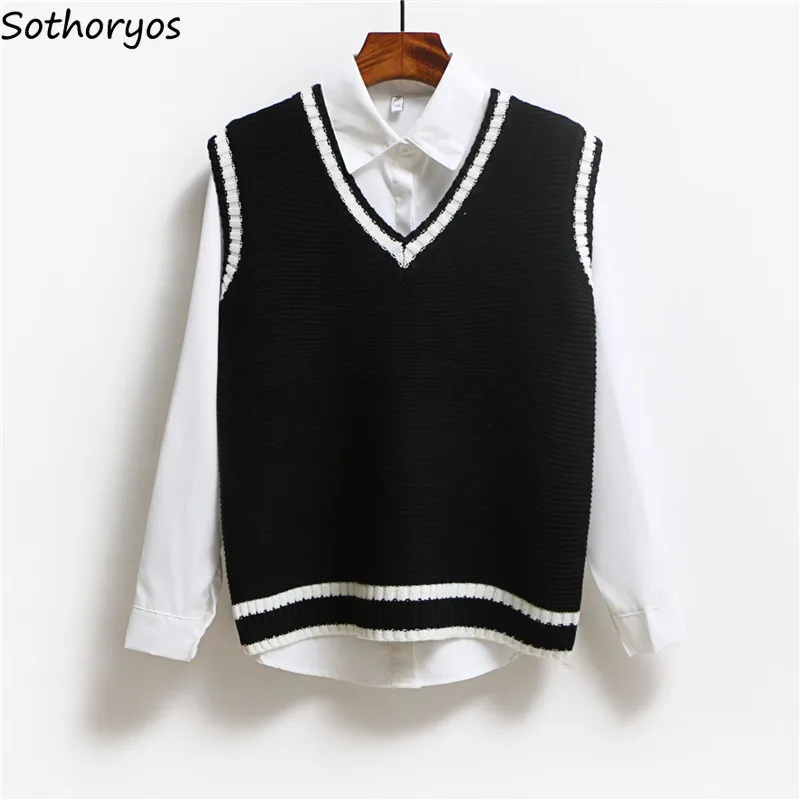 

vests women school students elegant simple v-neck solid womens pullover sleeveless Korean style temperament females vest chic