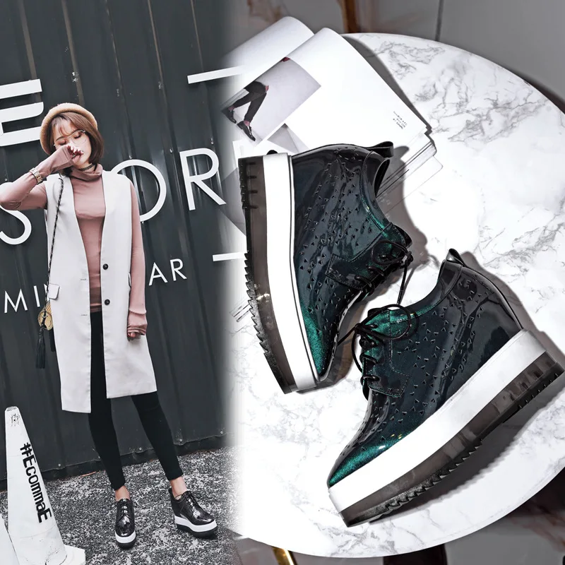 Hidden Heel Platform Shoes Women Square Toe Lace-Up Green Black Patent Leather Thick Soled Woman 2017 Spring New All Match | Обувь