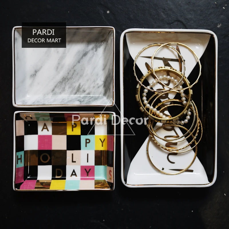 Европейская мода тарелка для еды Мраморная золотая линия конфет украшения 1