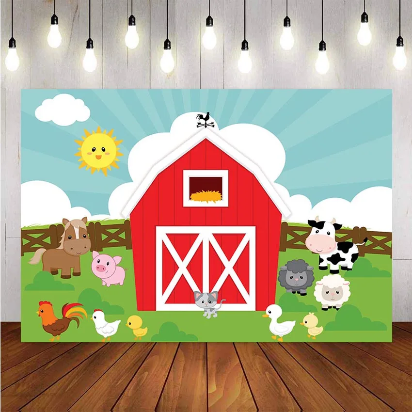 

Custom Farm theme photography backdrop Red Barn Barnyard Tractor Balloons Animals Fence Garden photo backgrounds for studio