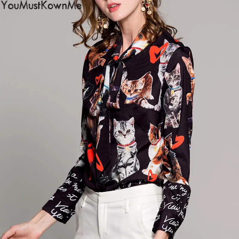 2019 women runway fashion dogs cats printed casual long sleeve shirt with bow tie plus size 3xl shirts blouses tops |