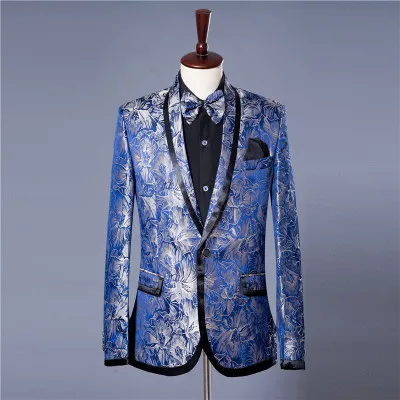 

2019 Mens Classic Shawl Blue Floral Pattern Jacquard Blazer Slim Fit Designs Plus Size Singers Costume Jacket With Bow Tie