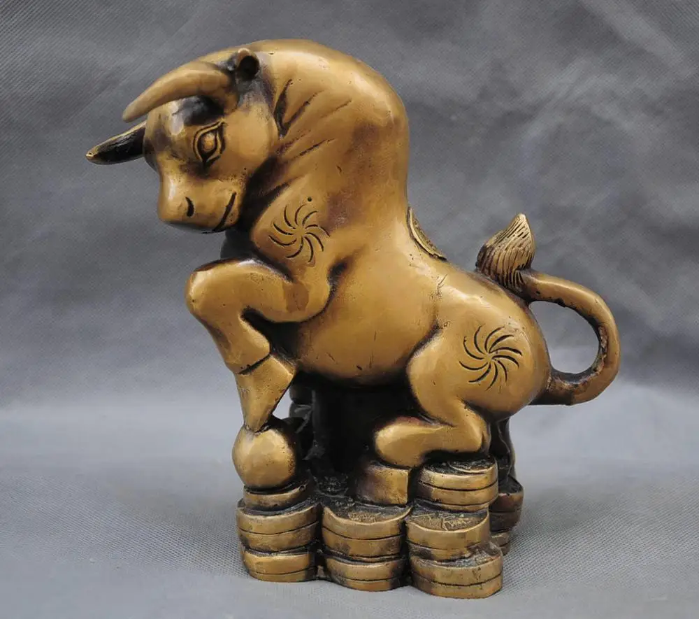 9'' China Fengshui Zodiac Year Bull Carve &quot&quot Word Bronze Statue | Дом и сад