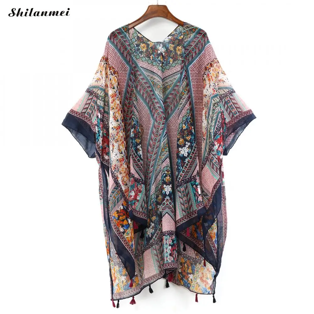 Boho кимоно Mujer Летняя Пляжная Цветочная рубашка с кисточками для женщин винтажное кимоно длинный кардиган Feminino блузка с принтом богемные Топы - Цвет: 2