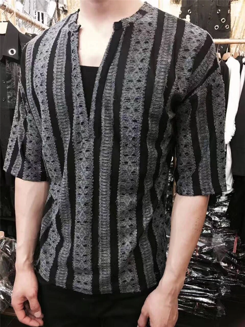 

2018 Male V-neck T-shirt short-sleeve shirt moben loose personalized patchwork patch for the male half sleeve t-shirt thin