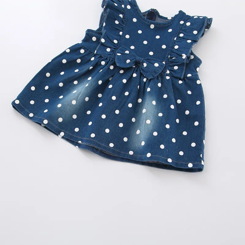 Girls Dresses 2019 Burst Models Children's Cute Polka Dot Bow Lace Collar Denim Pompon Dress Sweet Girl Clothing | Детская одежда и