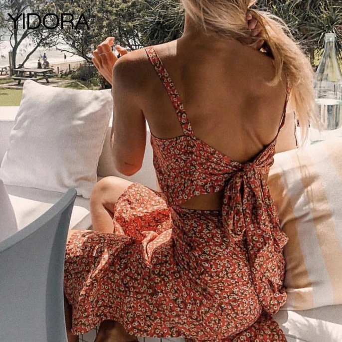 Женское платье с цветочным принтом Повседневное миди на бретельках Боковым