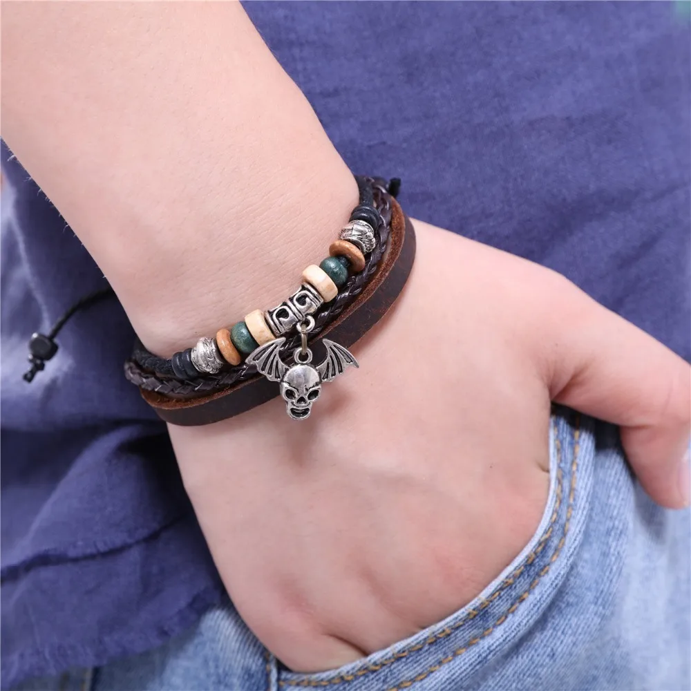 2022 летучая мышь кожаные браслеты с черепом для женщин и мужчин ювелирные изделия