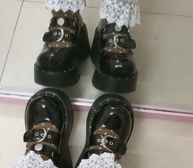 Леди клин шпилька металл панк Harajuku криперы Круглый носок высокие каблуки лакированная кожа насосы ремень Ботинки лолита на платформе Японский Китай китайская мода новая Весна осень
