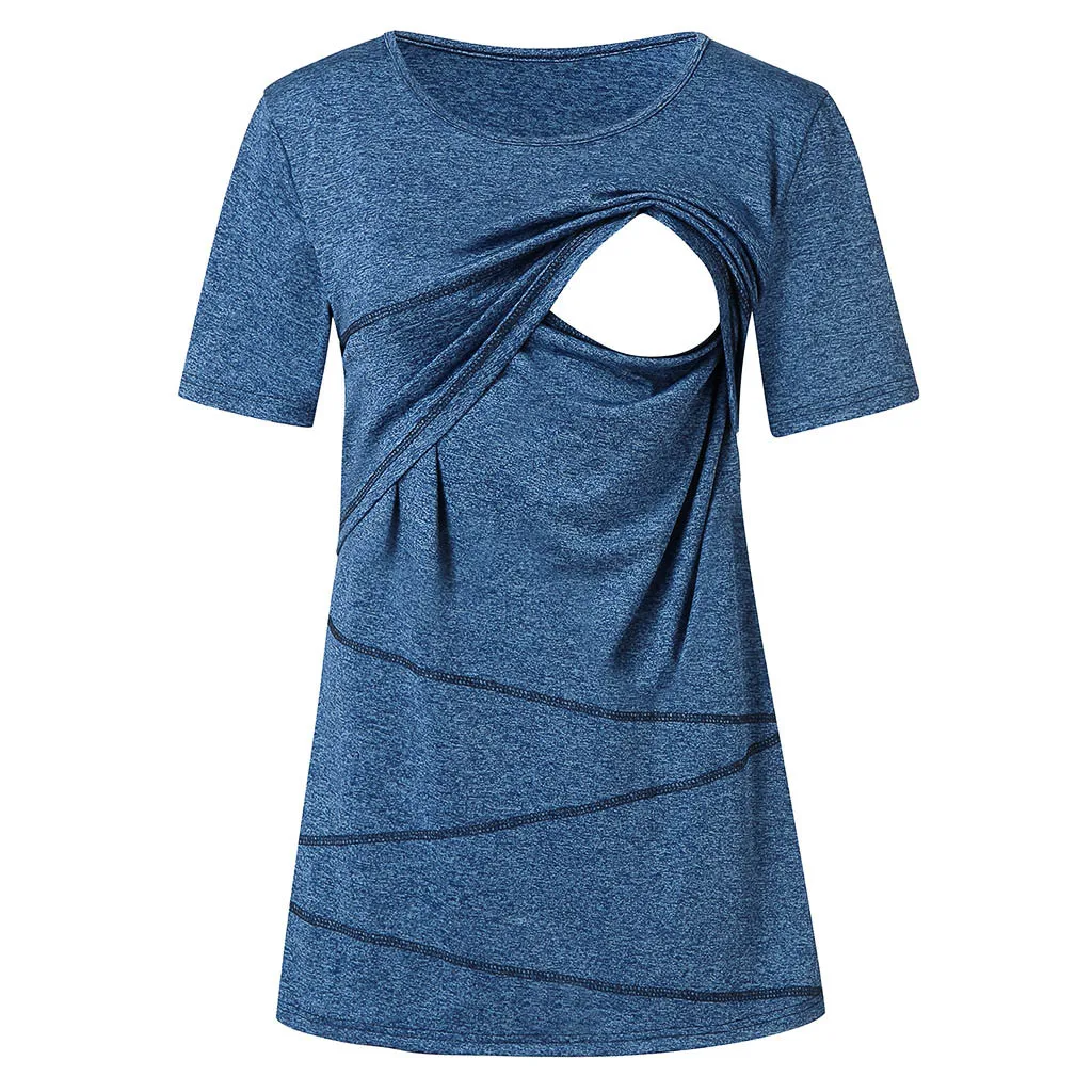Women's Maternity Nursing Shortr Sleeve Casual Top Breastfeeding Blouse roupa maternidade korean fashion woman clothing pregnant - Color: Blue