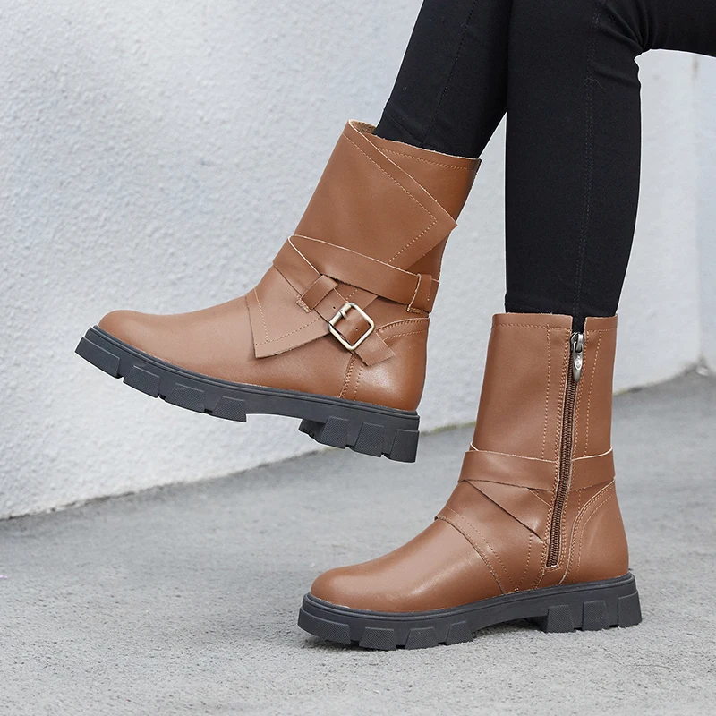 

ISNOM Motorcycle Women Ankle Boots Cross Tied Round Toe Footwear Thick Heels Female Boot Genuine Leather Shoes Woman 2019 Spring