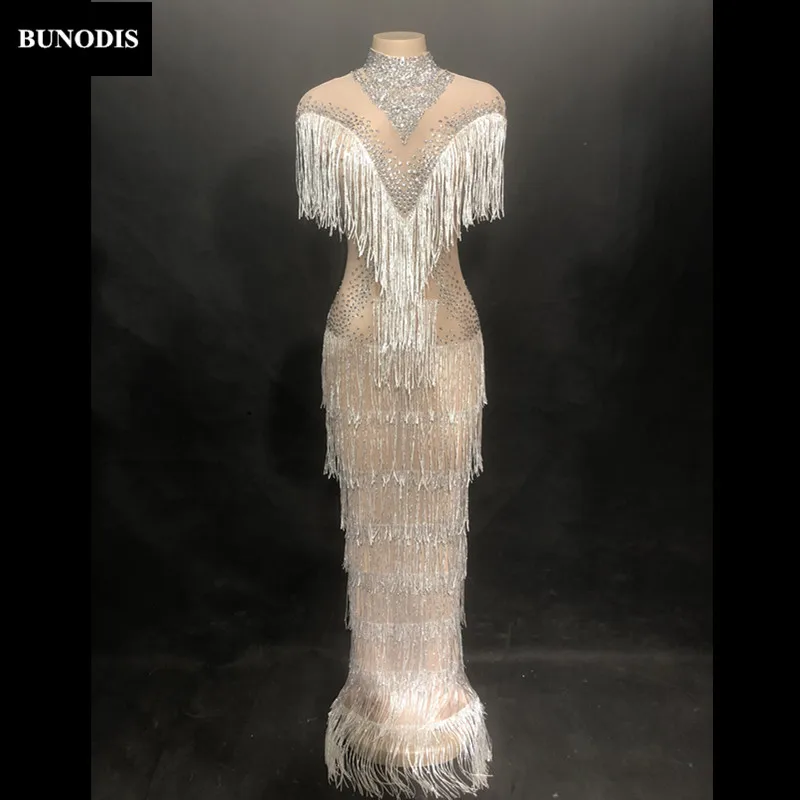 ZD409 Women Skin Color Sexy Silver Tassel Long Type Skirt Sleeveless Full Sparkling Crystals Nightclub Party Stage Wear