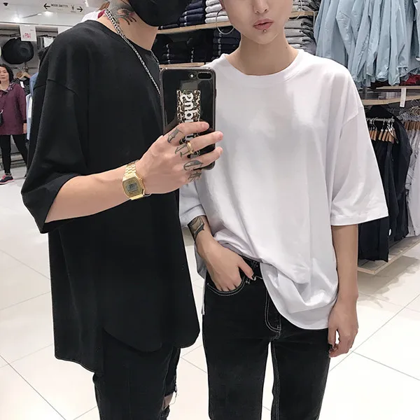 Новые летние Для мужчин молодежи японской версии Harajuku Стиль с короткими рукавами пара свободные однотонные Цвет Повседневная футболка модная одежда
