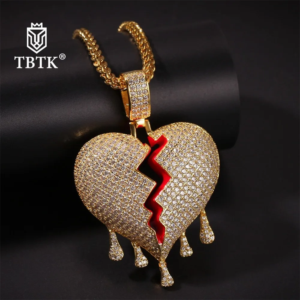 TBTK Iced Out разбитое сердце капли воды кулон медь Цирконий Роскошные ювелирные изделия панковские шармы мужские Золотая цепь ожерелья классические