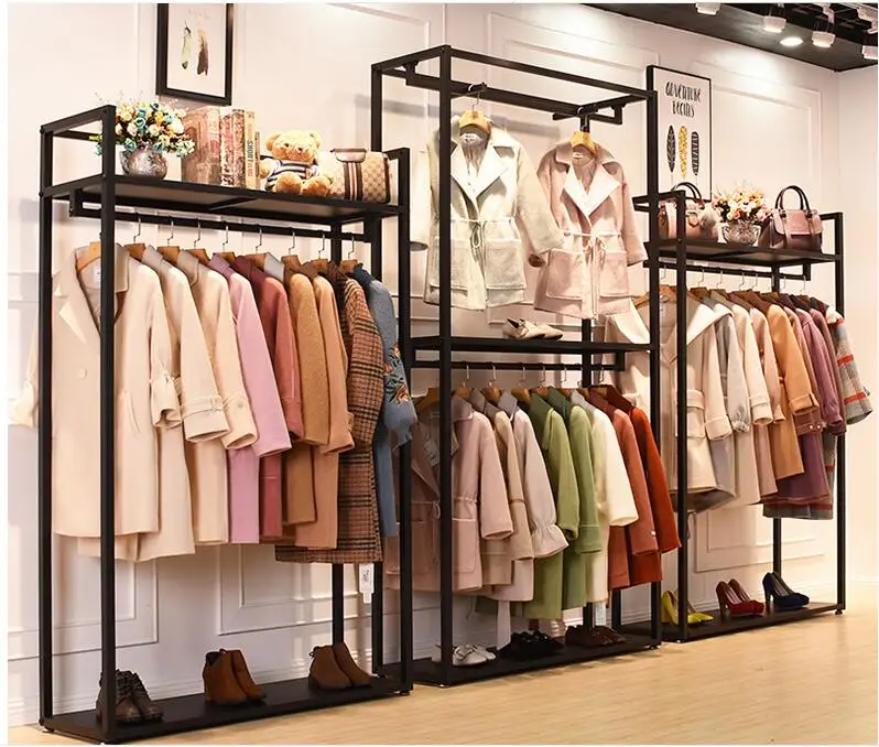 

Clothing store display rack floor type men's and women's clothing store shelf display rack clothing rack double layer hangers.