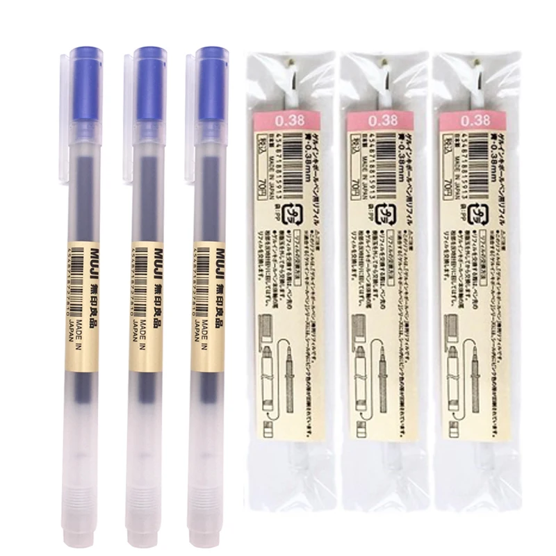 3 Blue and 3 refill 3 шт MUJI набор гелевых ручек с чернилами, сменные цветные кавайные ручки, офисные школьные принадлежности, лапы, скраб, японская черная/синяя/красная гелевая ручка - Цвет: 3 Blue and 3 refill
