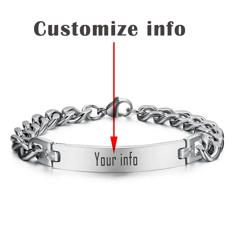 add engrave info Vnox нержавеющая сталь ID браслет для мужчин пользовательское имя подарок на день рождения вечерние ювелирные изделия 8,2 дюймов - Окраска металла: add engrave info