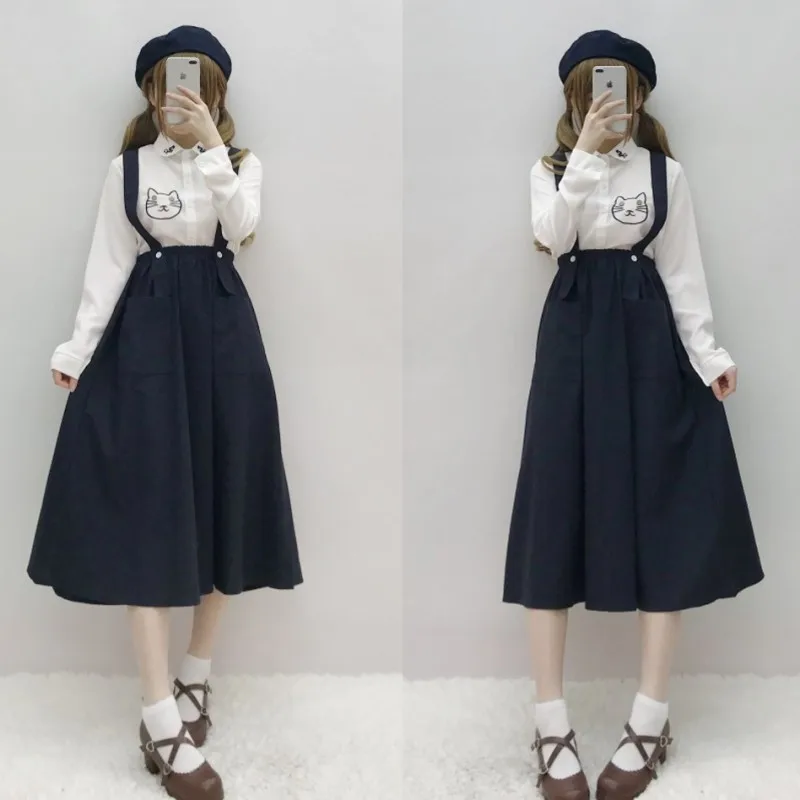 Женский повседневный миди сарафан японского стиля"Preppy Style",темно-синего цвета,с карманами, милая хлопковая-льняная полотно юбка для девушек