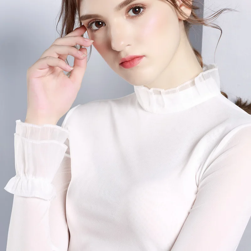 Женская футболка с длинным рукавом черная или белая оборками на воротнике AL27332 |