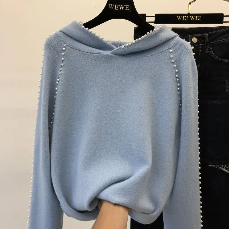 Blue Новинка, модный осенний и зимний женский свитер с капюшоном, чистый цвет, женский весенний вязаный свитер с длинным рукавом для студентов, вязаные топы - Цвет: Blue
