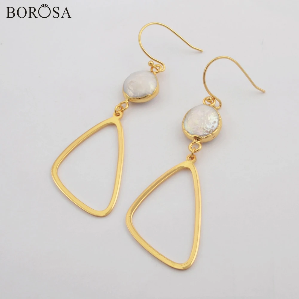 

BOROSA 5/10 пар Позолоченные Круглые очаровательные висячие серьги с натуральным жемчугом пресноводный жемчуг треугольные Висячие Серьги Пода...