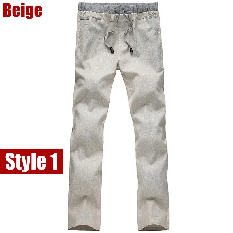 Style1 Beige Брендовые новые мужские хлопковые льняные повседневные штаны, мужские однотонные тонкие дышащие штаны для бега, спортивные штаны размера плюс M-XXXXL, прямые брюки - Цвет: Style1 Beige