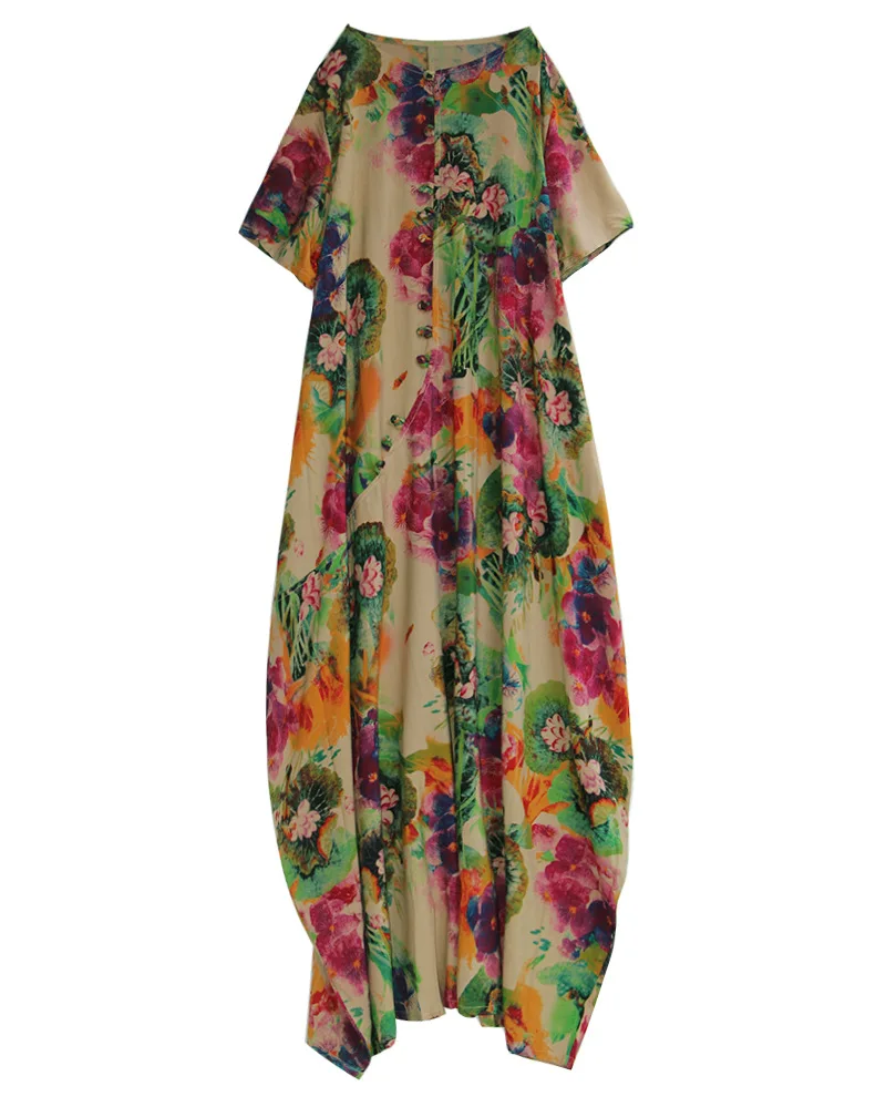 Women's Loose Casual Soft Cotton Plus Size Bat-sleeve Vintage Floral Print Bohemian Long Robe Dresses | Женская одежда