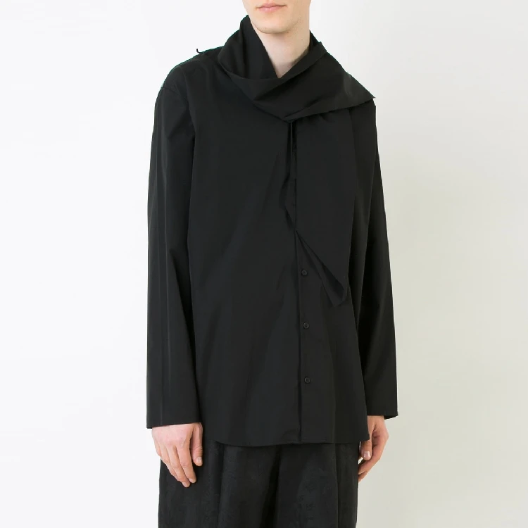 Мужская рубашка шарф дизайн свободный воротник стойка длинный рукав черная