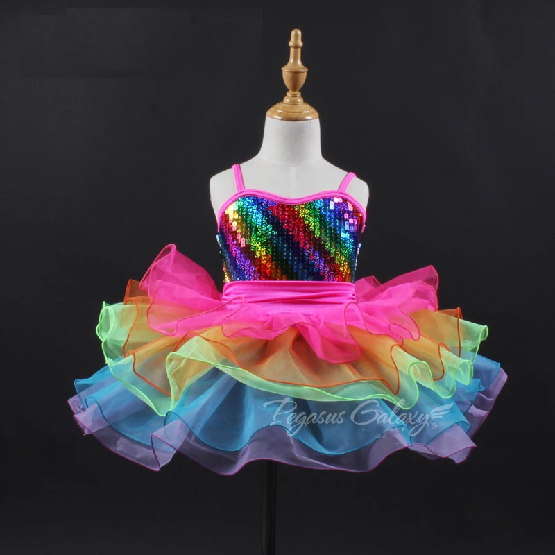 Rainbow Sequins Dress Ballet Dance Costume Stage Performance Dresses Women Clothes Girls Dancewear Kid | Тематическая одежда и