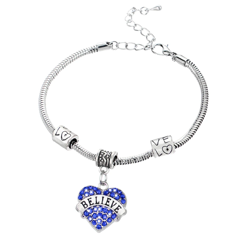 12 Pc/Lot Blue Rhinestone Heart Pendant Bracelet Jewelry Inspirational Letter Believe Charm Friends Graduates Kids Gift | Украшения и