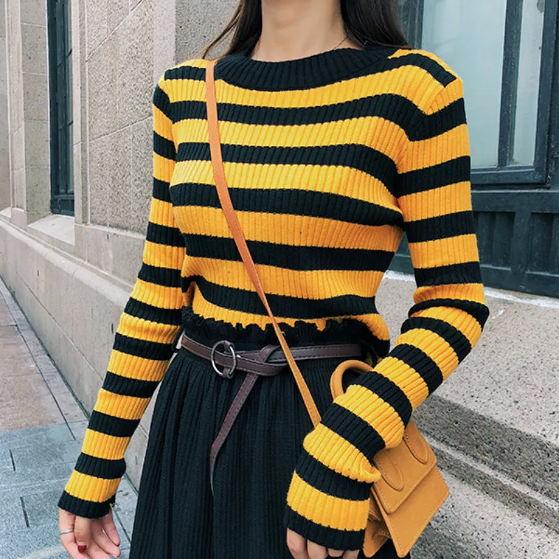 2018 Autumn New Korean Version of The Striped Sweater Female Slim Bottoming Knit Top sweaters | Женская одежда