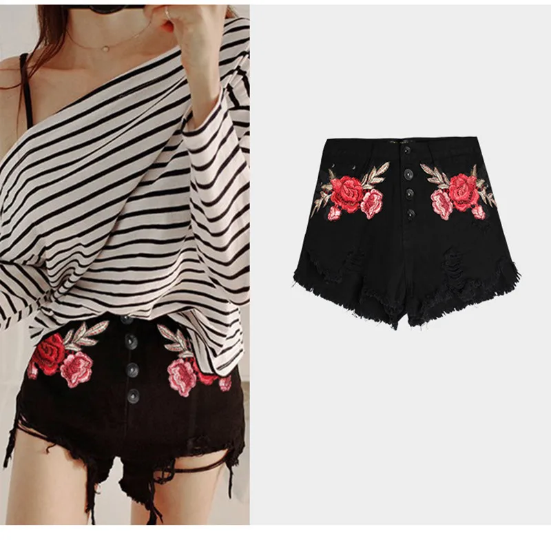 Черный вышивка джинсовые шорты сексуальные джинсы Рваные Кисточкой Шорты