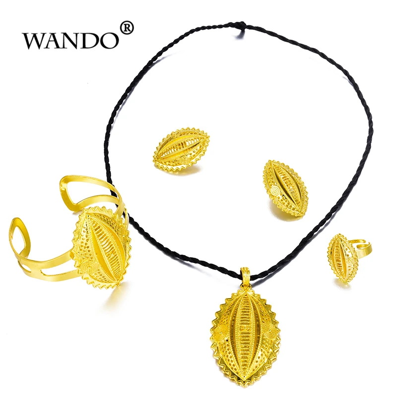 

WANDO Yellow Gold Color Big Size Ethiopian Black Rope Pendant wedding Jewelry Sets Wedding Africa Bride Gift WS51