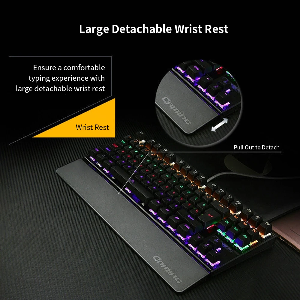 Backlit Mechanical Keyboard Gaming Keyboard Blue Switch 87 Keys Ergonomic Keyboard Suspended Keys with Hand Wrist