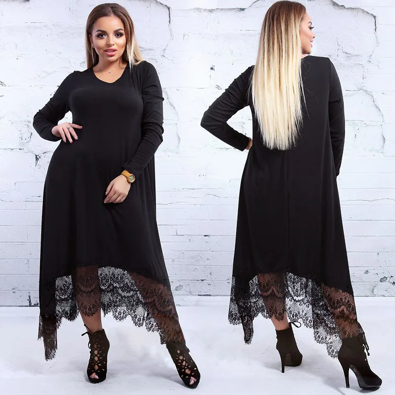 2020 Autumn Lace Patchwork Maxi Dress Plus Size 4XL 5XL 6XL Black Blue Vintage Loose Robe Longue Casual O-neck Vestidos Big | Женская