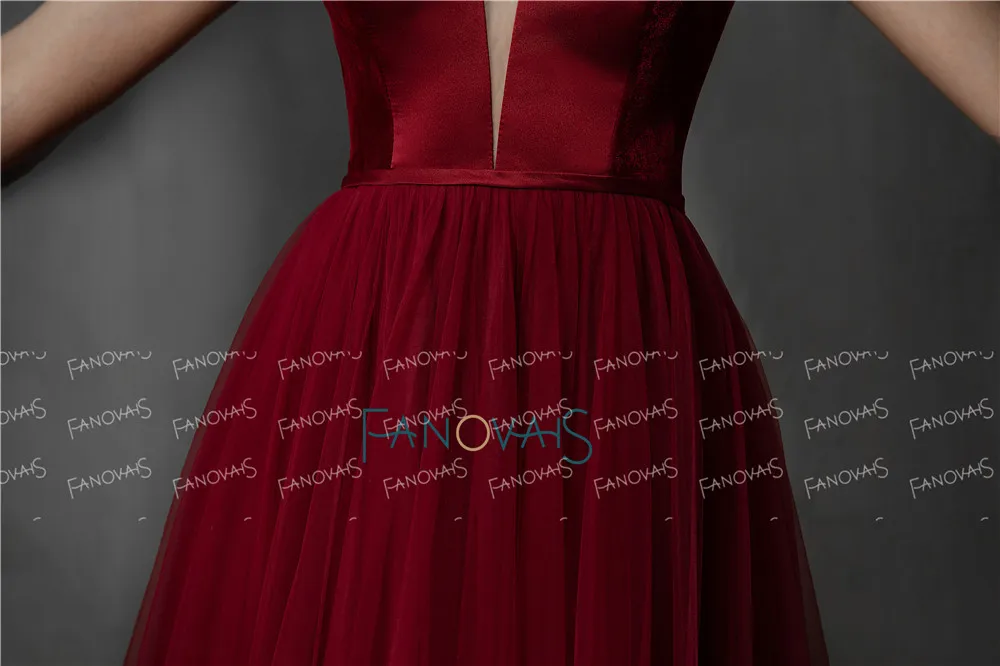 Burgundy Evening Dresses Long Straps V Neck Tulle Velvet A-Line Lace Up Back Evening Gown Prom Dress Robe de Soiree NE58