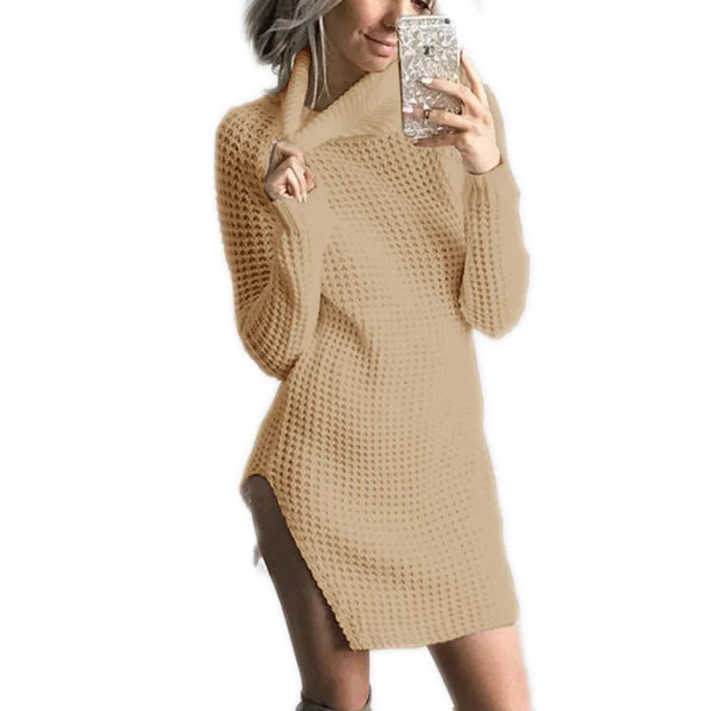Fashion Turtleneck Sweater for Women Sexy Solid Split Knitting Casual Long Sleeve Dresses WLD136 | Женская одежда
