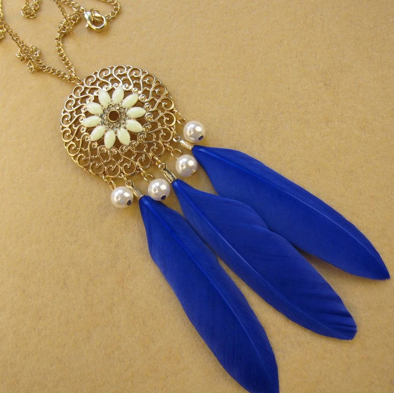 

2017 Fashion Long Feather Tassel Necklace for Women Jewelry Bead Rhinestone Resin Gem Flower Necklaces & Pendants