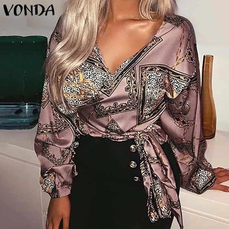 VONDA женская блузка рубашки с принтом 2021 сексуальный v образный вырез топы