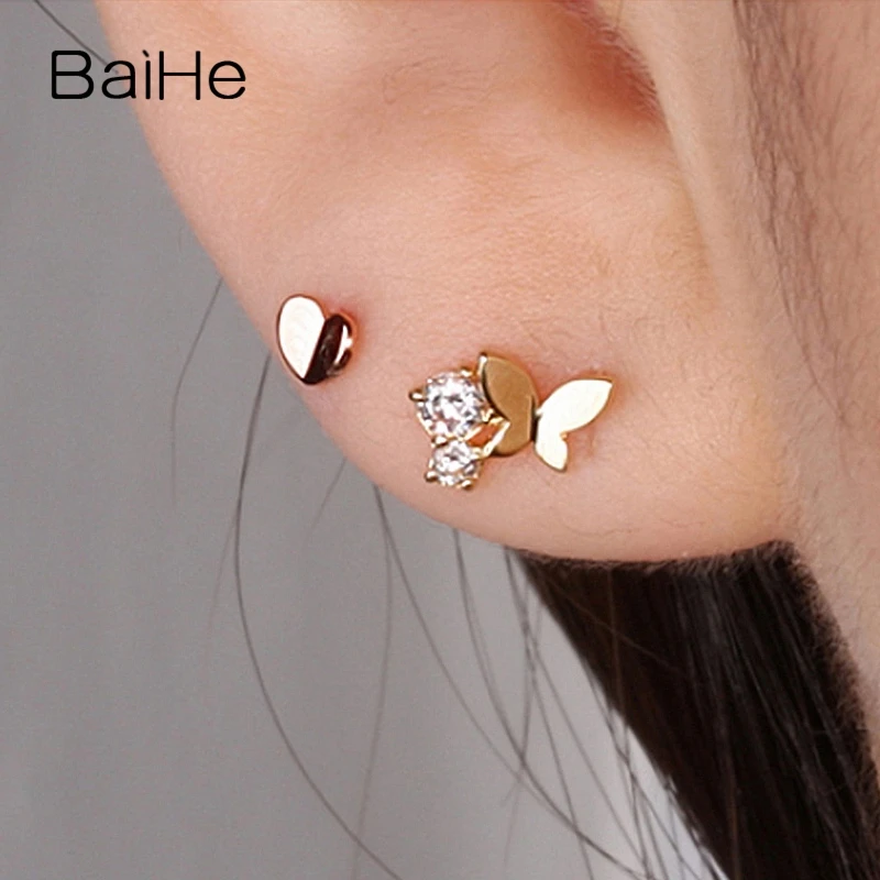 BAIHE Твердые 18K желтое золото 0.09CT H/SI круглые серьги с натуральными бриллиантами