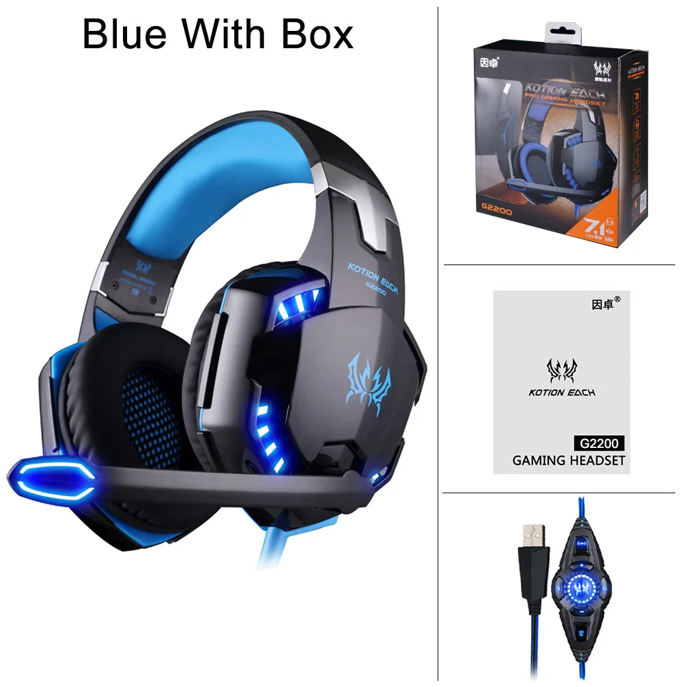 KOTION EACH G2200 USB 7,1, объемный звук, вибрационные Игровые наушники, компьютерная гарнитура, наушники, повязка на голову с микрофоном, светодиодный светильник - Цвет: Blue With Box