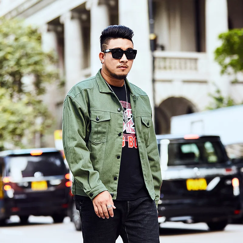 Plus Size 5XL 6XL 7XL Spring Men's Casual Tooling Denim Jacket Fashion 100% Cotton Wild Army Green Coat Brand Clothing | Мужская