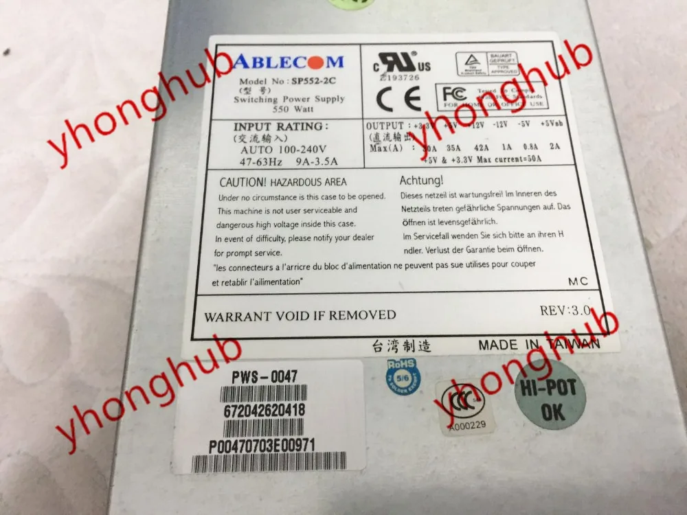 Ablecom SP552-2C Server Power Supply 500W Power Supply Unit Server 100-240V 9-3.5A 47-63Hz
Ablecom SP552-2C Server Power Supply 500W Power Supply Unit Server 100-240V 9-3.5A 47-63Hz