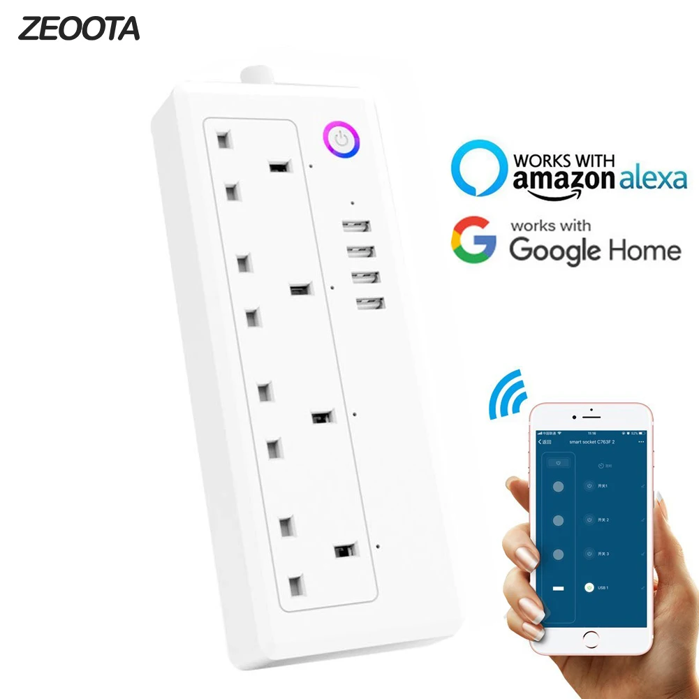 Удлинитель с Wi Fi 4 розетки USB совместимый Amazon Alexa Google Home Nanayaya|Умные розетки| |