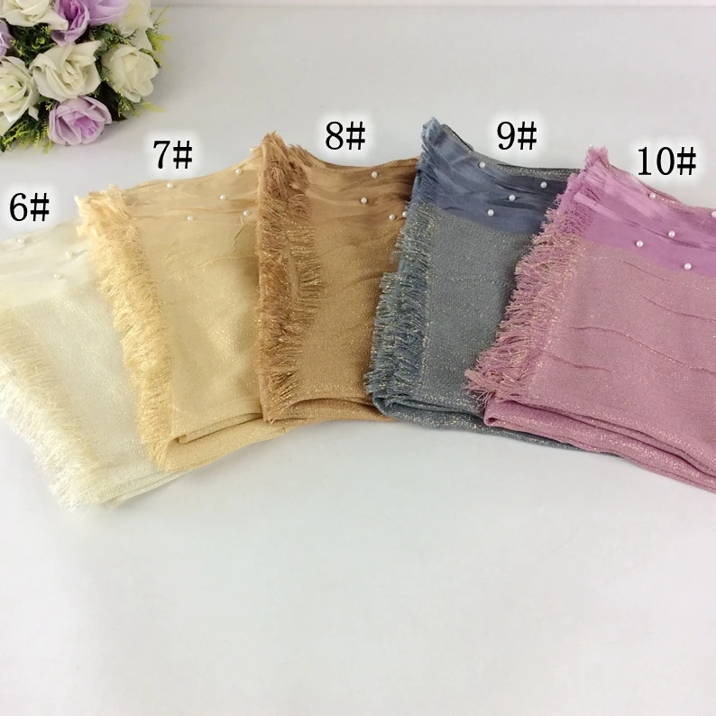 Plain Glitter Cotton Tassels Scarves/Scarf Lurex Pearls Pattern Fringe Muslim Hijab Wraps Bandana |