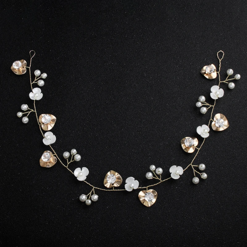 Luxury Handmad Gold Alloy Leaves Crystal Bridal Headband Headpiece Women's Pearl Flower Tiara Hair Vine Wedding Accessories | Украшения