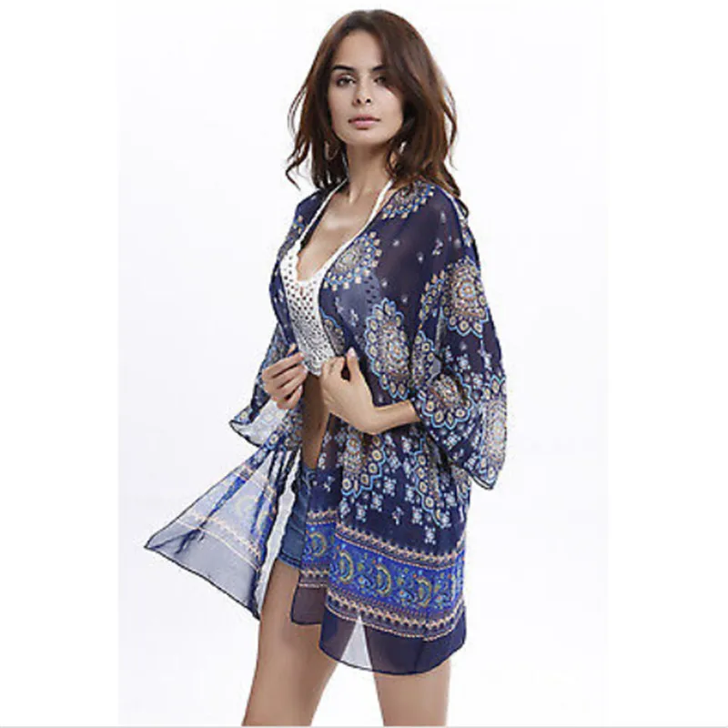 Сексуальное женское парео Пляжная накидка 2017 3/4 рукав Асимметричный шифон Бикини