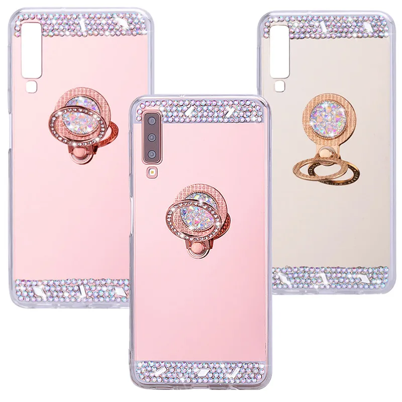 Для Galaxy A7 2018 чехлы для телефонов зеркальный блестящий Кристальный держатель